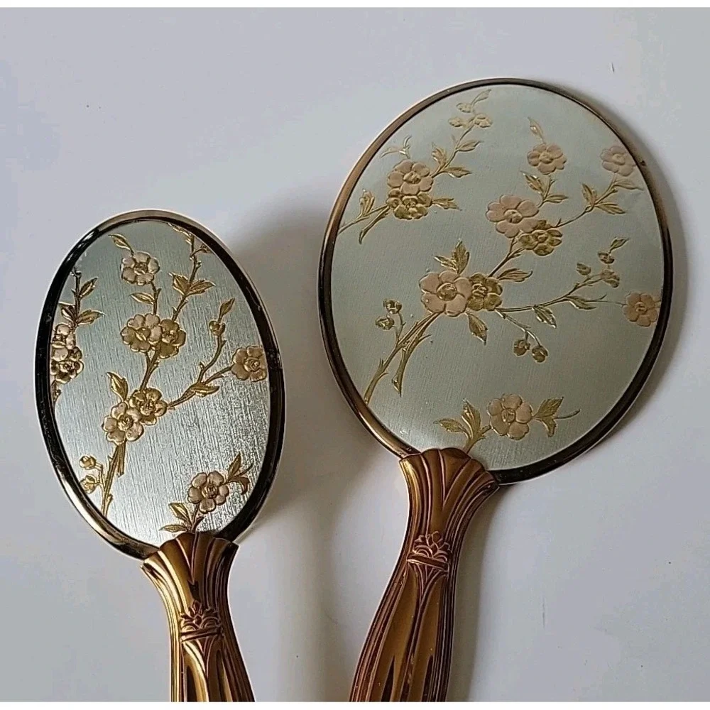 Vintage Handheld Vanity Mirror Brush Set Brass Handle Ornate Floral‎ Art Deco